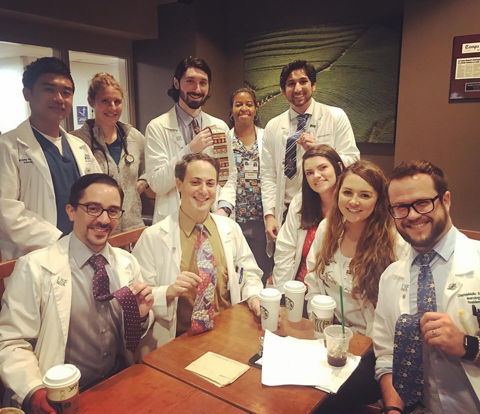 DrStroke's tweet photo. After two challenging weeks of #Strokecall with this #USFMCOM crew, we ended with #uglytieday in #Starbucks at #TampaGeneral @USFHealth https://t.co/yp21EznXA1