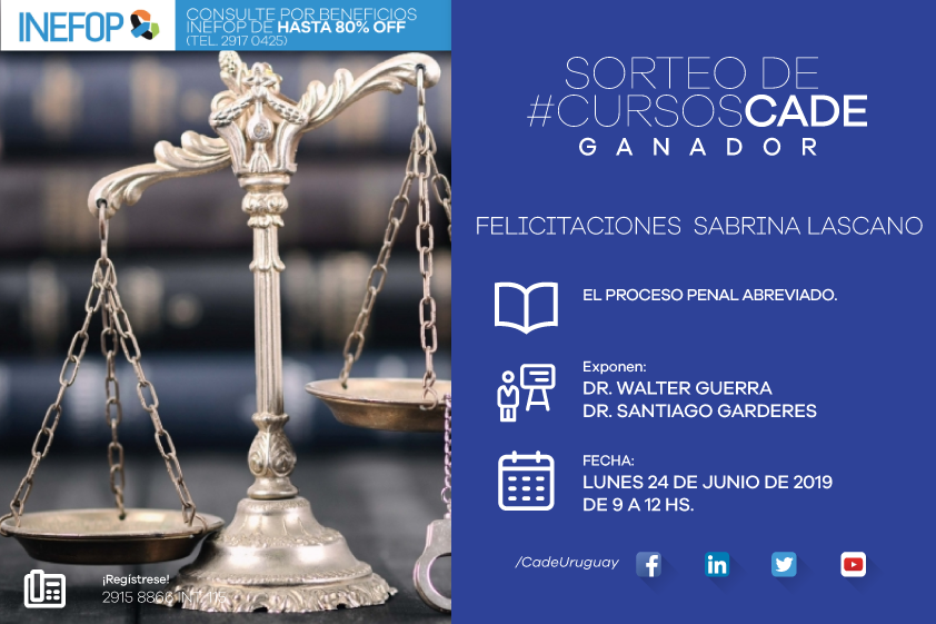 CadeUruguay's tweet photo. Felicitaciones Sabrina Lascano fue la ganadora del sorteo para participar del #CursoCADE "El proceso penal abreviado".
Esperamos lo hayas aprovechado al máximo.💪💪💪💪 https://t.co/ToKZDgJxtR