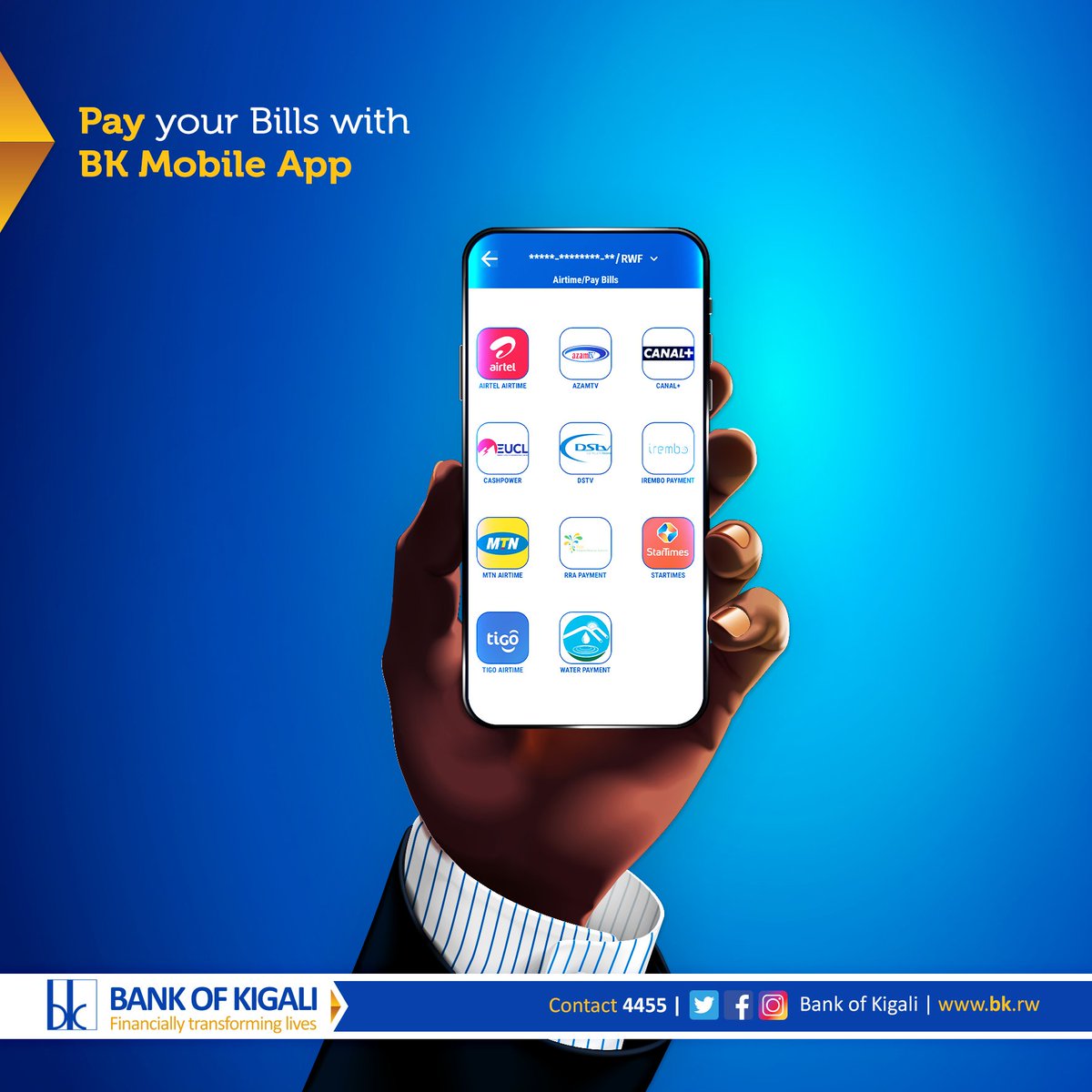 BankofKigali's tweet photo. Looking to simplify the monthly routine of paying your bills?
Download the BK Mobile App and make paying bills easy and stress-free.
https://t.co/U5DMaVWety
#BKMobileApp #RwOT https://t.co/xRaALs5Ak9