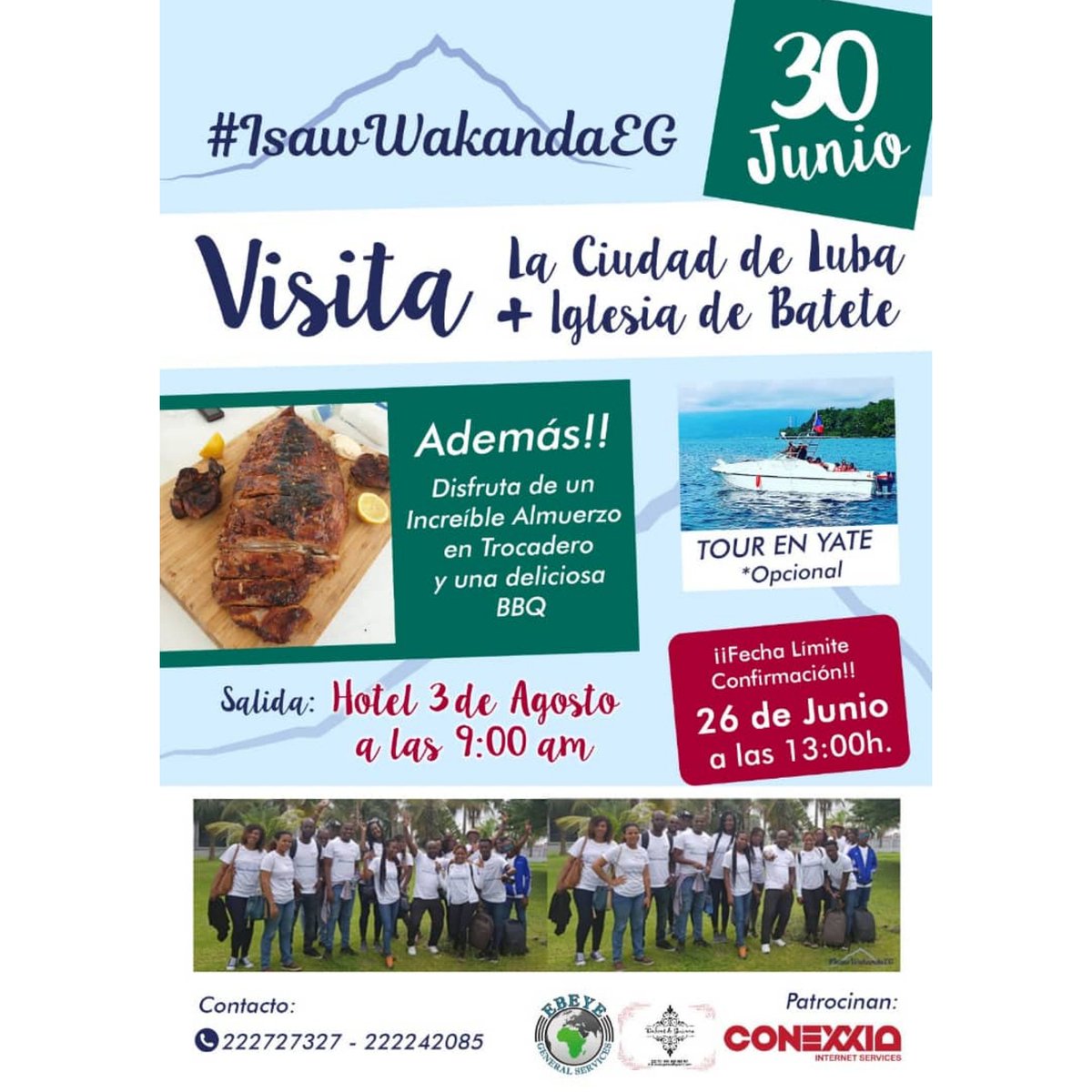 EgIsaw's tweet photo. ¿Quieres ser wakander@?⁣
⁣📅 Domingo, 30 de junio de 2019⁣
🚍 Visitamos #Luba y la iglesia de #Batete ⁣
Y además...⁣
🍖almuerzo en Trocadero⁣
⁣
Confirma antes del 26 de junio a los teléfonos 222.72.73.27 ó 222.24.20.85⁣
⁣
Patrocinan: #EBEYE/ @DulcesdeGuinea / #Conexxia https://t.co/52YQQisJpQ
