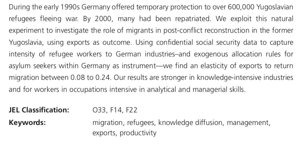 danybahar's tweet photo. 🚨NEW VERSION WORKING PAPER🚨 "Migration and Post-Conflict Reconstruction: The Effect of Returning Refugees on Export Performance in the Former Yugoslavia". In a nutshell: returning #refugees brought back knowhow &amp; tech that boosted exports. Thread!

https://t.co/kQe8CBMo9l

1/13 https://t.co/0NA8ysnrvD
