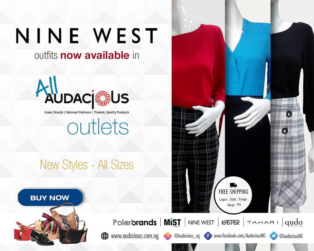 AudaciousNG's tweet photo. All Audacious Outlets now stock new styles of Nine West outfits in all sizes. Available at Ikeja City Mall, Circle Mall, Delta Mall, Ceddi Plaza, Polo Park Mall, Enough, and PH Spar Mall. 
#audacious #newstock #newbrandalert #newstyles #ninewest #newoutfit #allsizes https://t.co/cE6o40bVCa