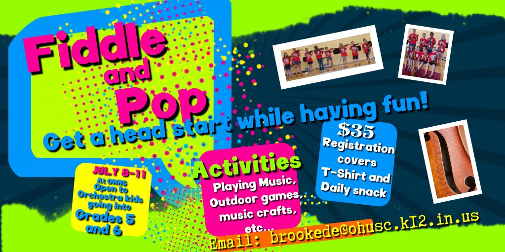 OhOrchestras's tweet photo. Last call for Fiddle and Pop!  Any Orchestra student going into 5th or 6th grade is encouraged to join us!  To register, email Mrs. Detamore at brookede@ohusc.k12.in.us by Wednesday, June 26.  See you soon! https://t.co/R3NZaBJgw0