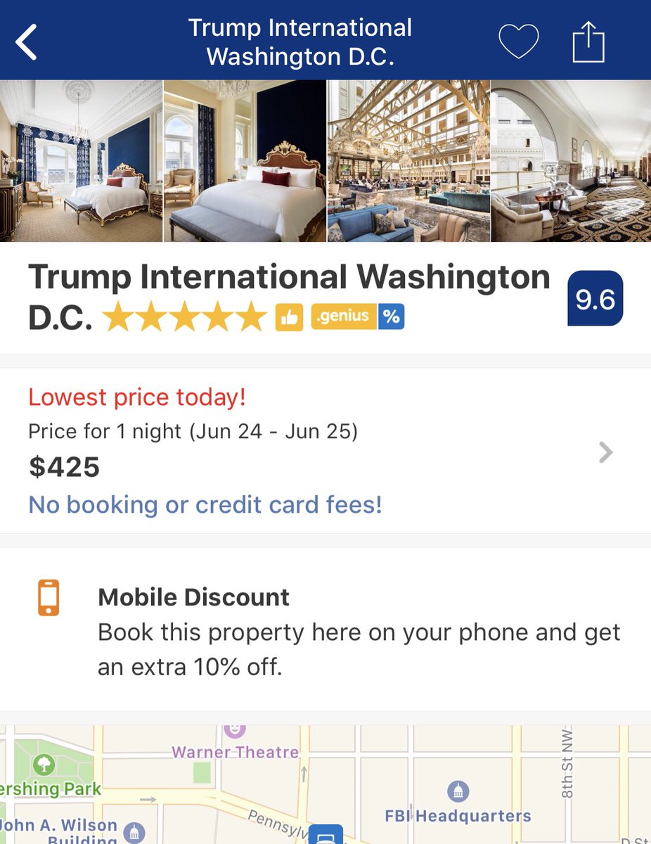JoyceWhiteVance's tweet image. You can get a room at Trump’s Hotel in DC for $425/night.