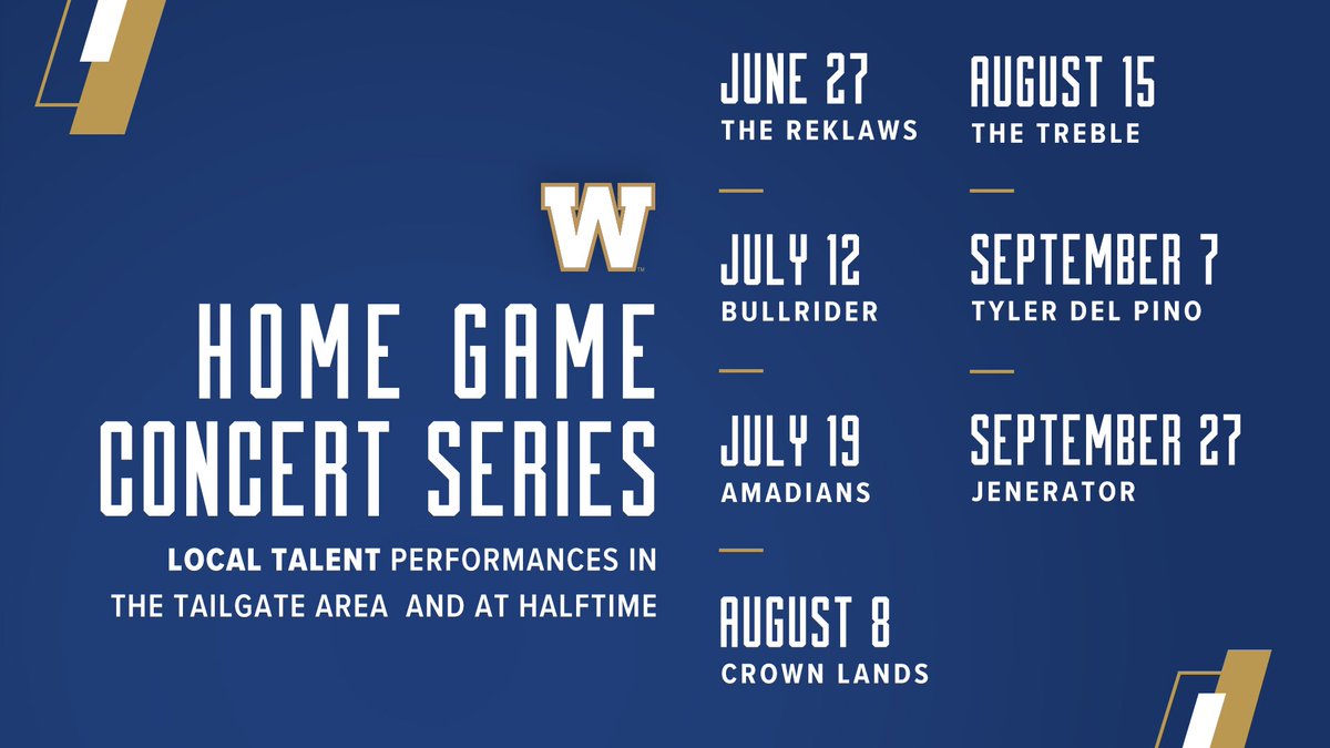 Wpg_BlueBombers's tweet image. 🎶 + 🏈 + ☀️

We have announced our home game concert series, starting with the @thereklaws this Thursday at our home opener! 

DETAILS ➡️ bit.ly/31Rbr2d
#ForTheW