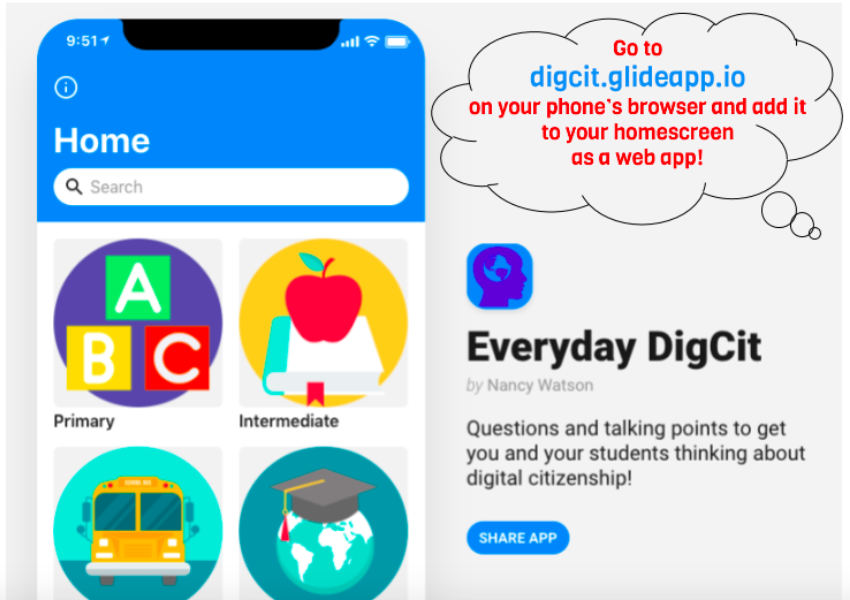 AllisonTEDU's tweet photo. Not sure how to weave #DigCit into everyday convo? No worries - @NancyWTech made an app! what an awesome idea!! #iste19 #digcitstateofmind https://t.co/xNMyBINxMt