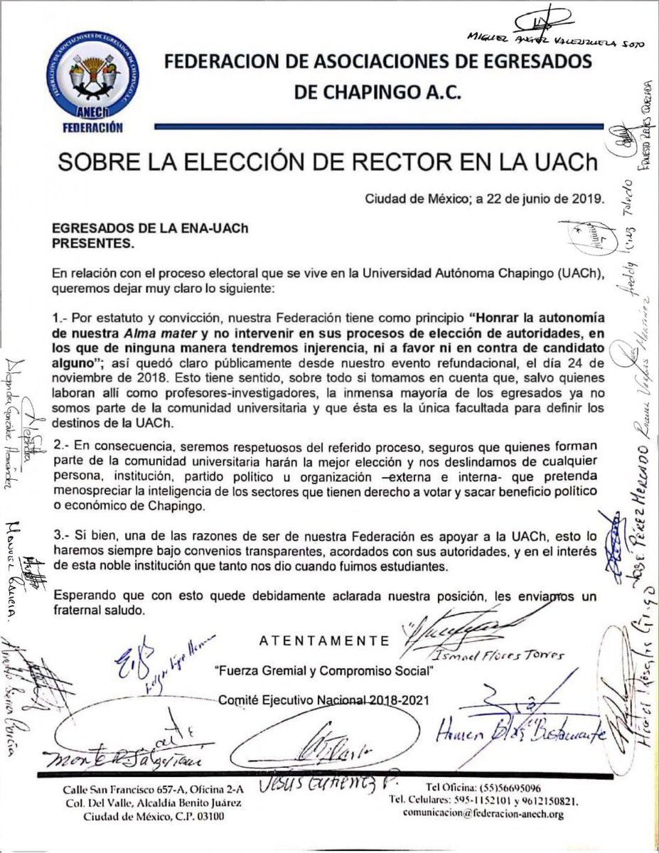 Aechoac's tweet photo. Pronunciamiento de la @ANECh_Oficial respecto a elecciones de rector en @uach_chapingo https://t.co/DR2iAjbVwX