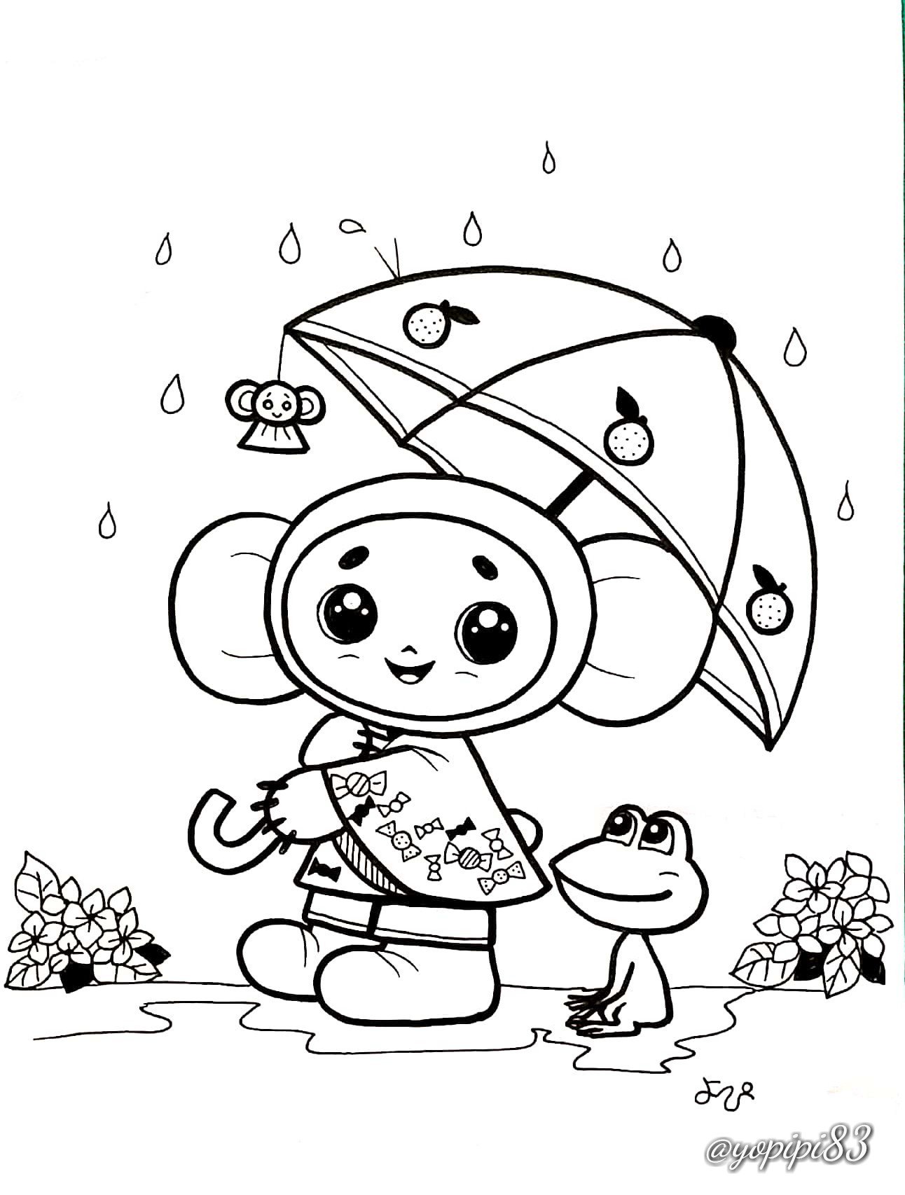 よぴ 前サインペンで描いた 雨の日チェブちゃん 塗りました 色鉛筆でイラスト描いてる方々のツイを見て自分もやりたいと思ったけど いつも絵の具で塗ってるせいか難しく 先が細くて少しづつしか塗れなくて今何とか出来ました 遅くなってしまいました