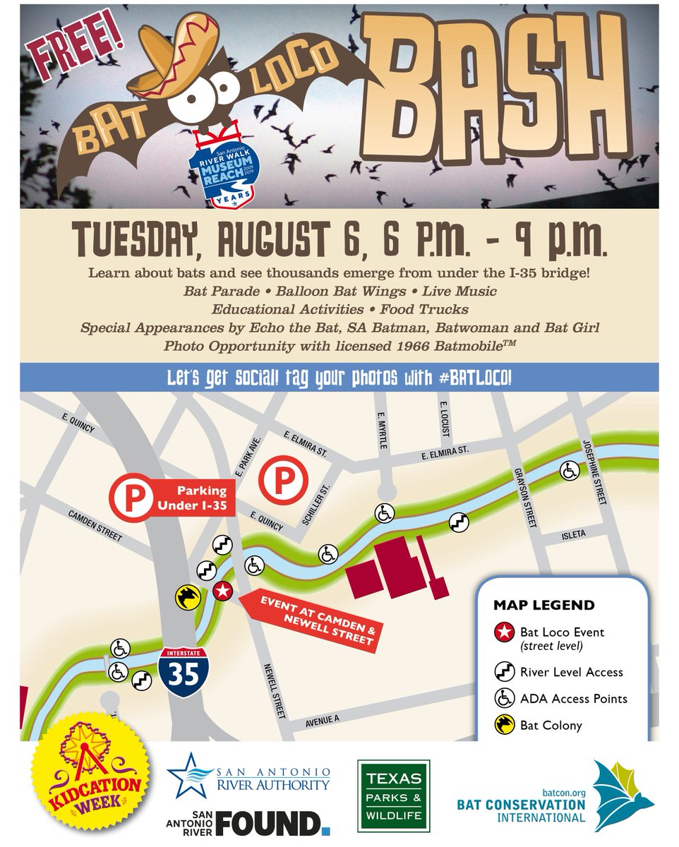 sanantonioriver's tweet photo. In today's #MuseumReach Monday, we want to you to save the date for this year's #BatLoco Bash! This year's event will be part of the Museum Reach 10th Anniversary celebration. Check out the event flyer and visit the event page! https://t.co/gjLEhd4zLY https://t.co/9j6O8yG48w