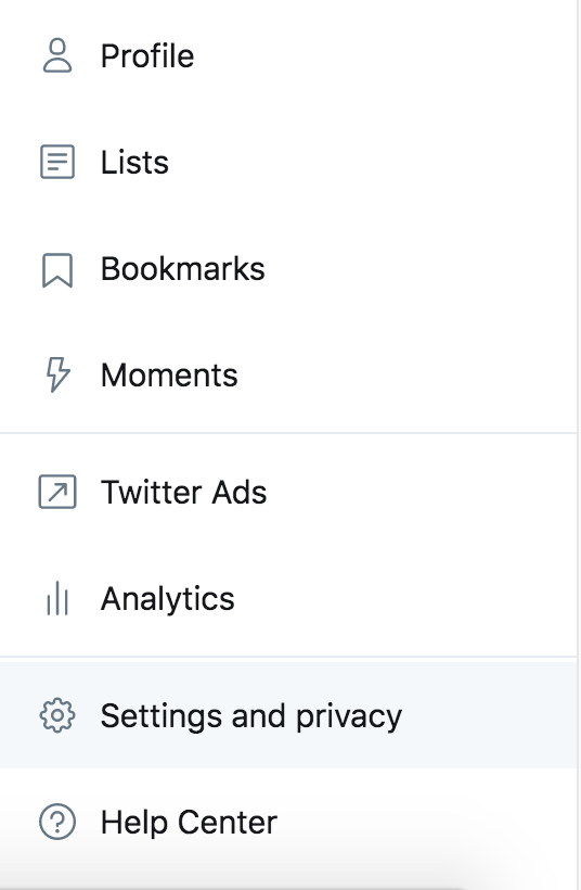 screenshot of Twitter menu with Settings and Privacy highlighted