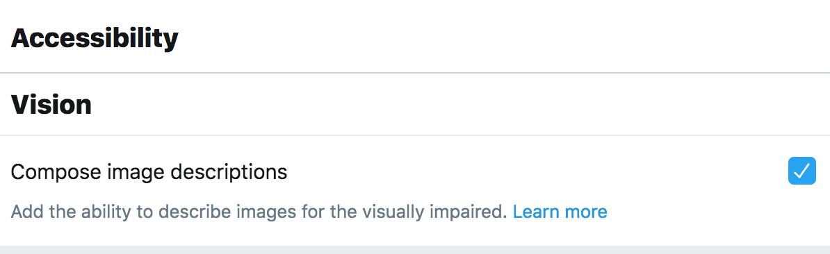 Screenshot of Twitter accessibility menu, with a box next to text: Compose image descriptions