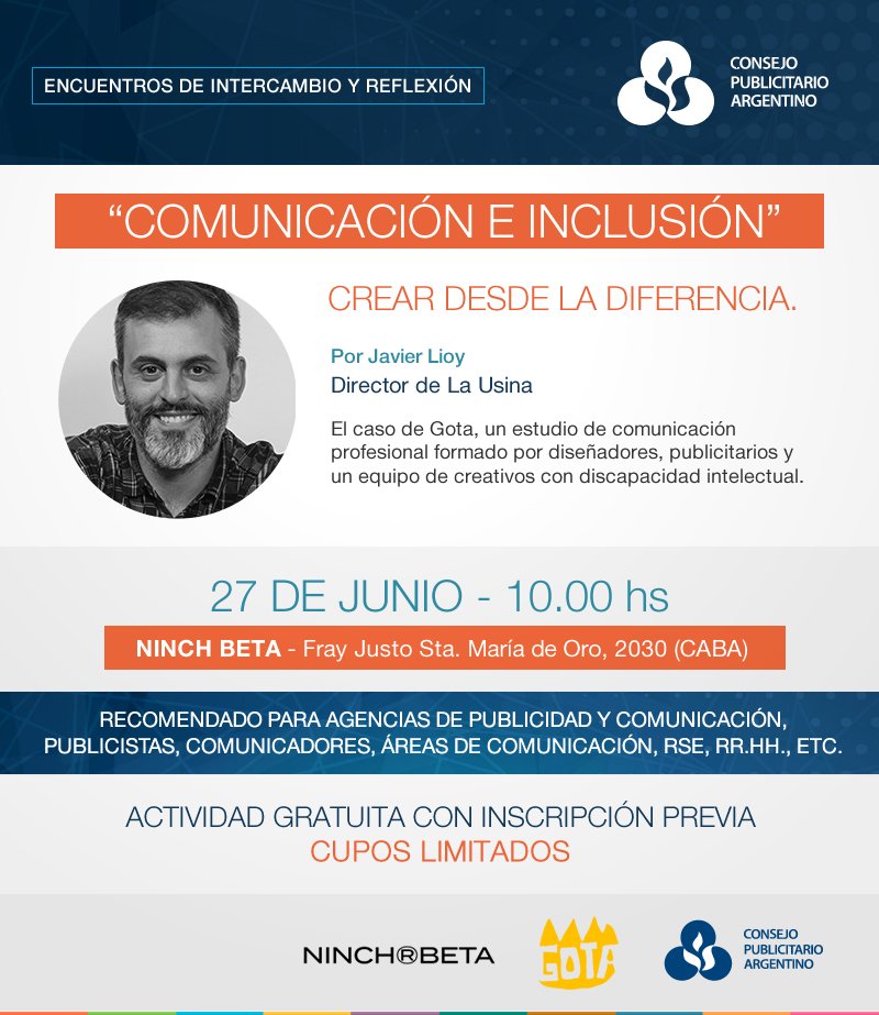Últimos cupos para el encuentro "#comunicacion e #inclusion : Crear desde la diferencia" coordinado por <a href="/javierlioy/">Javier Lioy</a> de <a href="/LaUsinaONG/">La Usina ONG</a> ! 😍

📌 Para inscribirse : bit.ly/2KsGlbI

#charla <a href="/eventbrite/">Eventbrite</a> #Publicidad #agencias #discapacidad #ONG #diversidad  #RSE @AgenciaNinch
