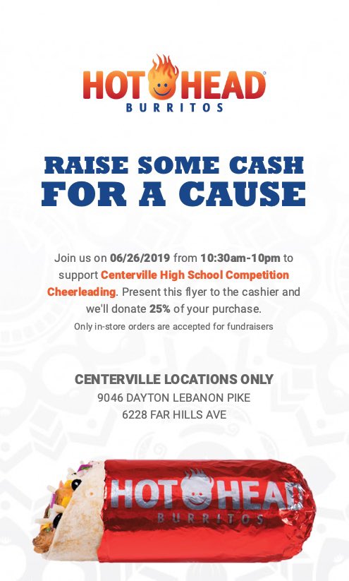 CHSElksCheer's tweet photo. Dine in at either Centerville @hotheadburritos locations on Wednesday 6/26/19 to support Competition Cheerleading! 

Show the attached picture when placing your order 🔥 https://t.co/tSOm27mmwq