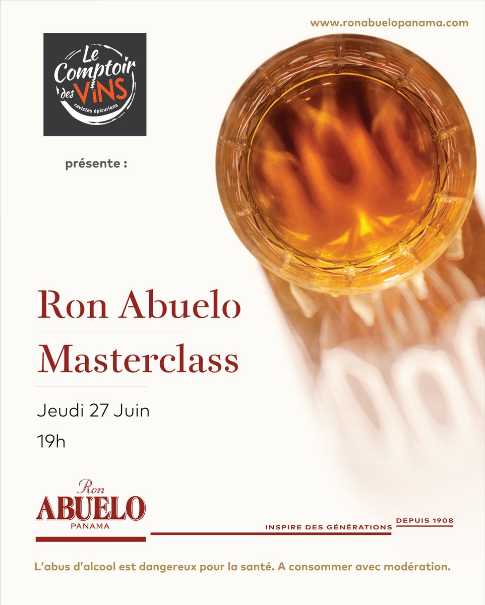🥃 MASTERCLASS 🥃​
​
Envie de découverte ? Hedi vous retrouve au Comptoir des vins à Parthenay ce jeudi 27 Juin pour une soirée dégustation de vos Ron Abuelo préférés ! 😃
Par ici 👉🏻 bit.ly/2X2s07E