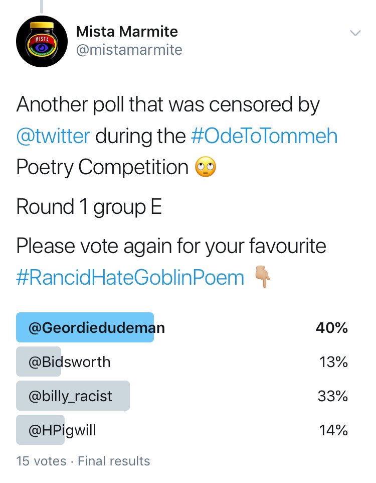 marmitemarmz's tweet photo. Round 1 group E of the #OdeToTommeh competition was a tough choice for many people as the standard of Tommy Robinson inspired poems were so high

Congratulations to @Geordiedudeman for this fantastic winning entry 

#RancidHateGoblinPoem 👇🏼 https://t.co/UzJ5CHJFLx