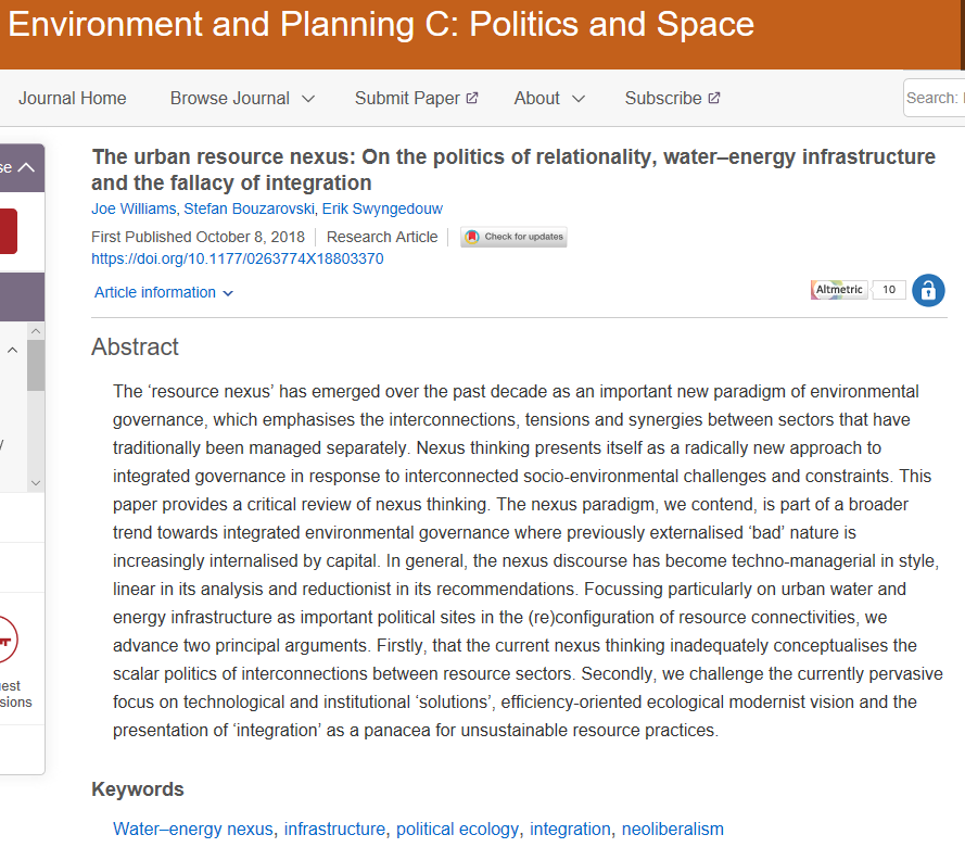 Our paper on 'The urban resource nexus' in EPC has just been released OPEN ACCESS. Follow the link below to read. @stefanbuzar #water #energy #waterenergynexus #infrastructure #urbanization #politicalecology

journals.sagepub.com/doi/full/10.11…