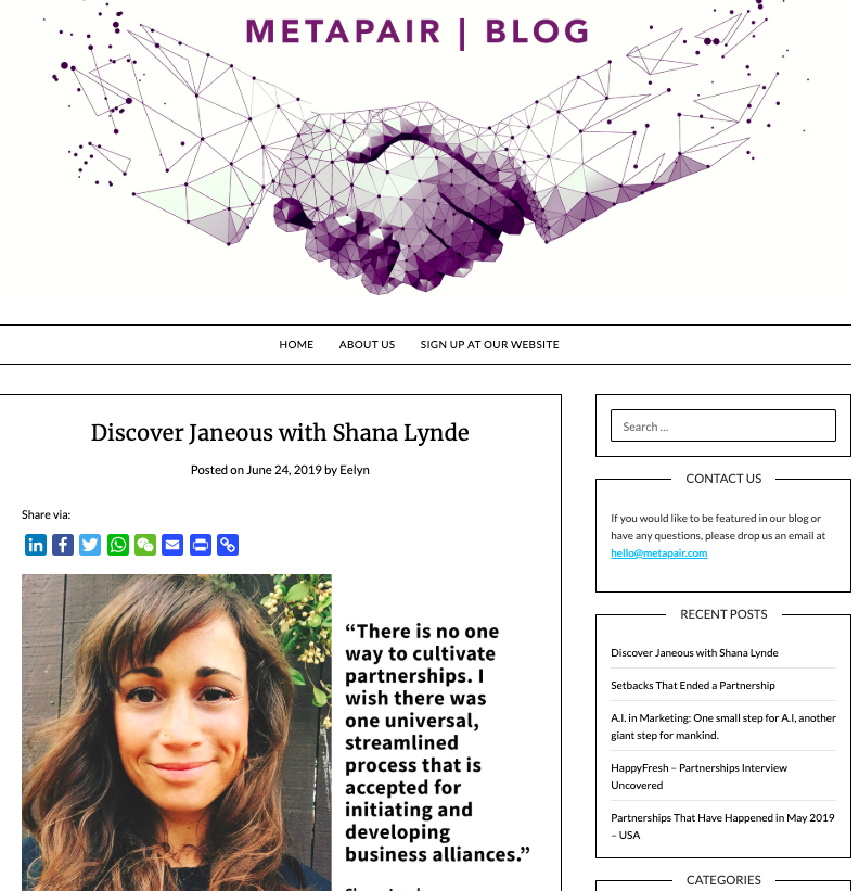 JaneousApp's tweet photo. Happy Monday! Get some insight from our Co-Founder, Shana Lynde about partnerships in this interview by Metapair: https://t.co/DWMmQDdXyr https://t.co/CRoVQdWN8g
