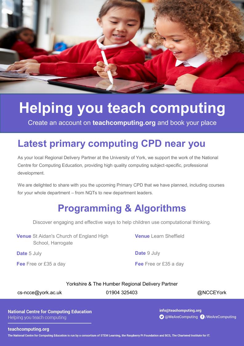 We have more Programming &amp; Algorithms courses coming up in July for #primary school teachers.

Starting #computing #education early is vital to setting young people on the best pathway.

Create an account &amp; book your place today at teachcomputing.org/courses