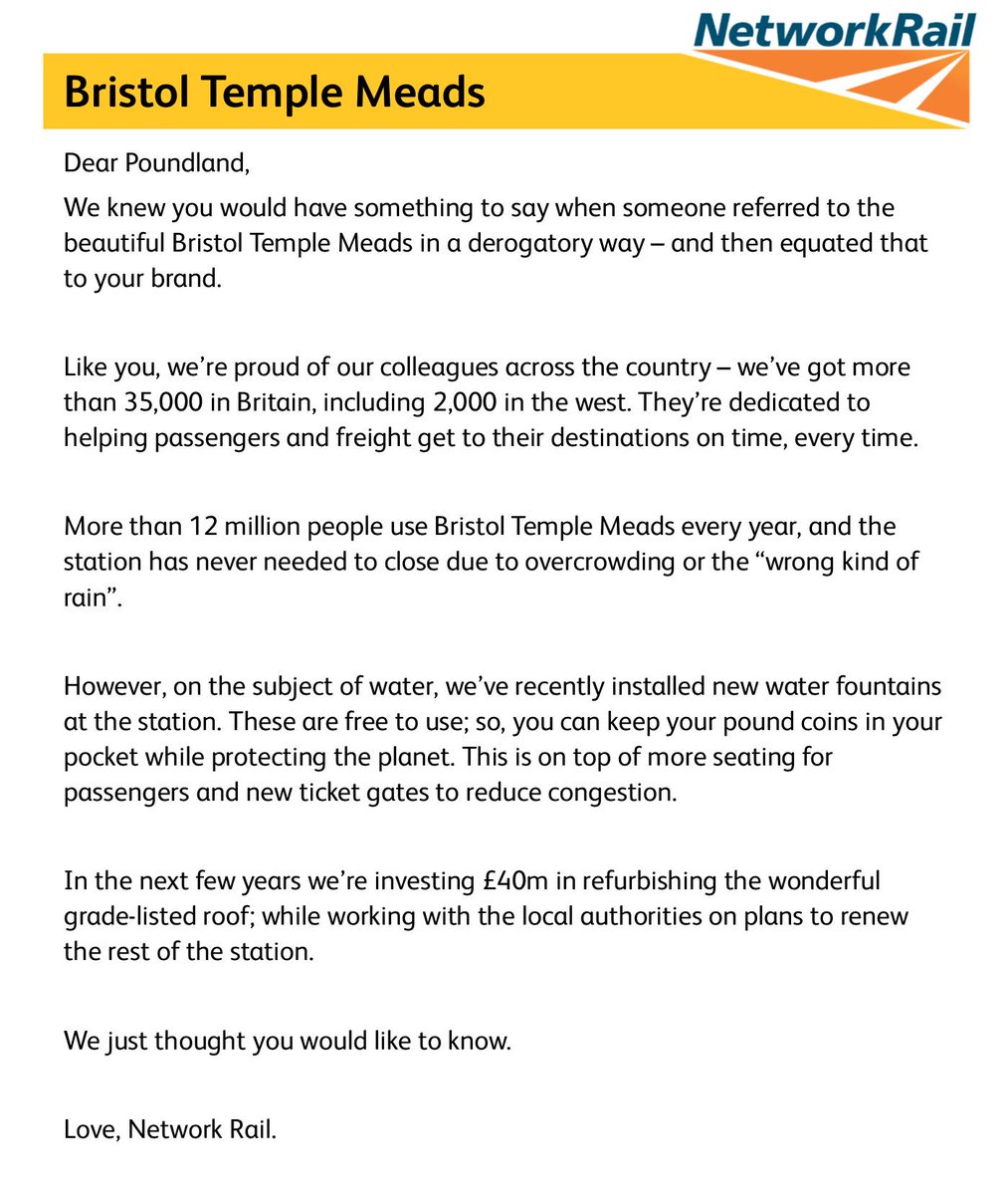 networkrailwest's tweet photo. @Poundland @RedgewellDavid @networkrail 👥 @Poundland can’t we be friends?

🚆 Train performance in the west is the best it’s been for years and the ‘mythical timetable’ will change in December with journeys from Bristol up to 17 minutes quicker - all without the use of any unicorns!  

❤️ See below, with love. https://t.co/f1L1MBYI2y