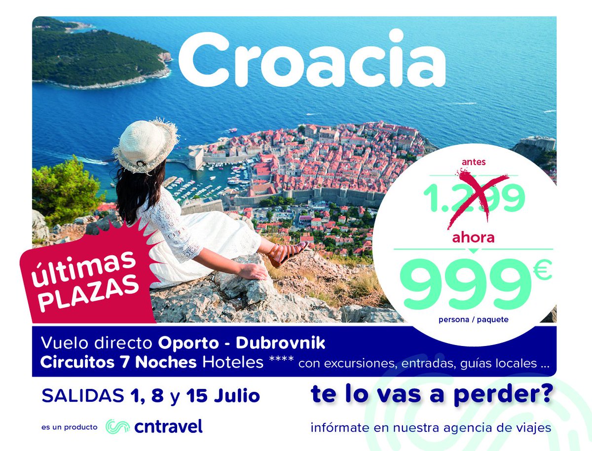 💐🏝 CROACIA ✈️🌳
La perla del Adriático a tus pies. 
✈️ Vuelo directo desde #oporto
🚌 Circuito completo o sólo vuelo y estancia
👨‍👩‍👧‍👦 Para todos los públicos
🏖🏰🍀 Cultura, playa y naturaleza de excepción
💰 desde 999€ 
Consulta a tu agente de viajes de confianza y #viájate