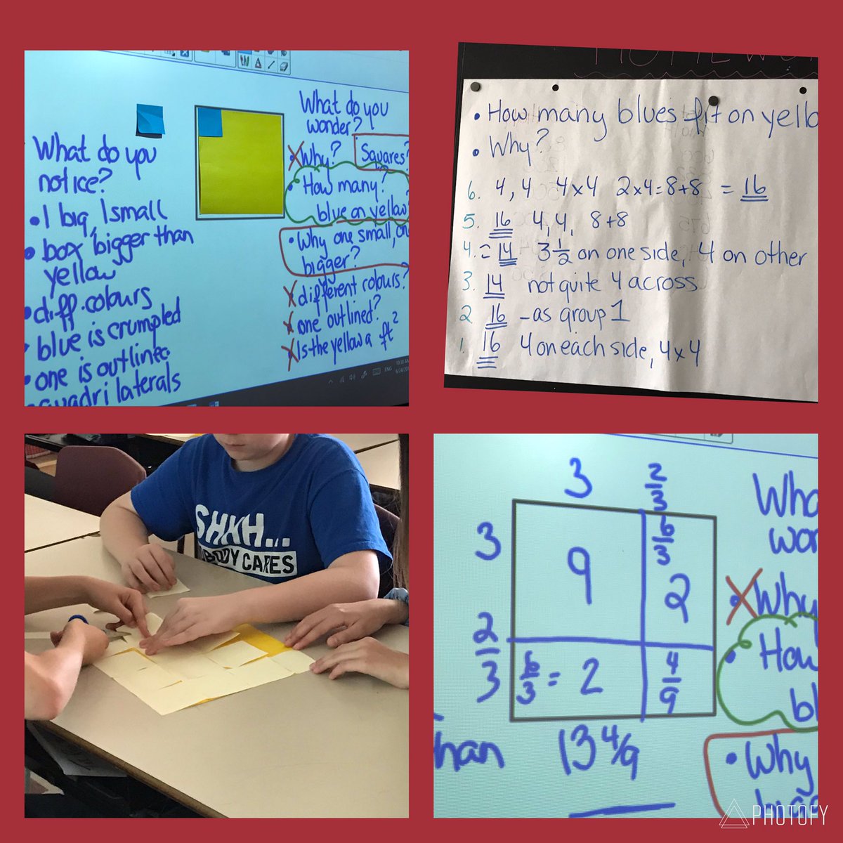 KristinLabelle's tweet photo. Exploring multiplying fractions using an area model and Post-it Notes.   @CPHSBears @ScrimgeourCPHS #ucdsbmath Thanks @gfletchy for the inspiration. https://t.co/xIJcsesE1a