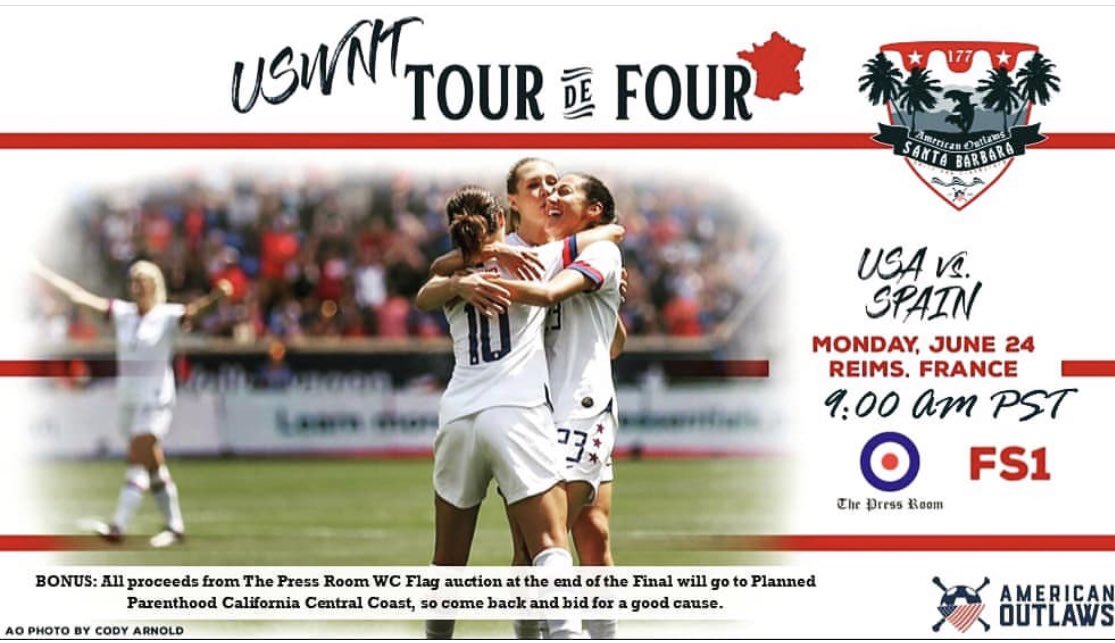 AO_SantaBarbara's tweet photo. Knockout round begins this AM. Join us at The Press Room! Don’t forget to bid on the flags! Proceeds go to @PPCCAF #USWNT #TourdeFour 🇺🇸 v. 🇪🇸 https://t.co/lmoqJiIM3H