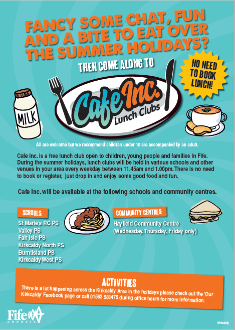 Here's what you need to know about the <a href="/FifeCouncil/">Fife Council</a> Cafe Inc summer holiday lunch clubs in Kirkcaldy. Every weekday <a href="/ValleyPSKdy/">Valley Primary School and Nursery</a> and <a href="/FairIslePS/">Fair Isle Primary School</a> as well as other local primary schools. There is no need to book, and you don't need to be primary school age #fairness