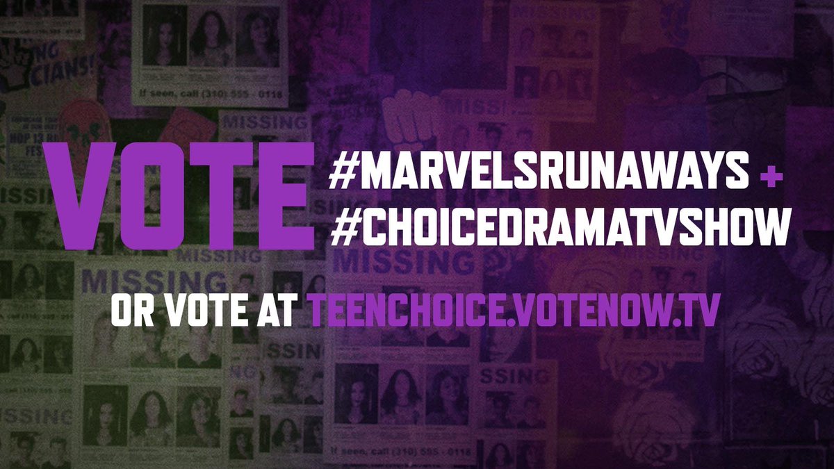 We got this, fam 💖 <a href="/Marvel/">Marvel Entertainment</a>'s Runaways is nominated for Choice Drama TV Show at the #TeenChoiceAwards, and voting ends TOMORROW! 

‼️ Vote by tweeting using #MarvelsRunaways + #ChoiceDramaTVShow 

‼️ Or vote online at teenchoice.votenow.tv