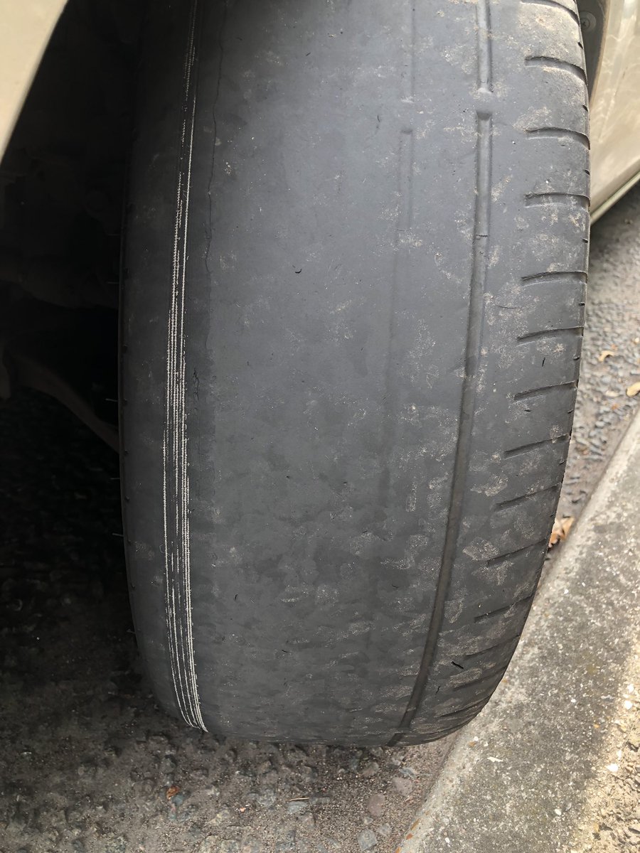 KentPoliceRoads's tweet photo. This car was stopped after being seen doing 59mph in a 40mph limit in #Hythe. On examination the front tyres were found to be woefully devoid of tread. Vehicle prohibited and driver reported. #PG9 #RST #OpScreen #24-0355 AE https://t.co/rFtYVK8qIA
