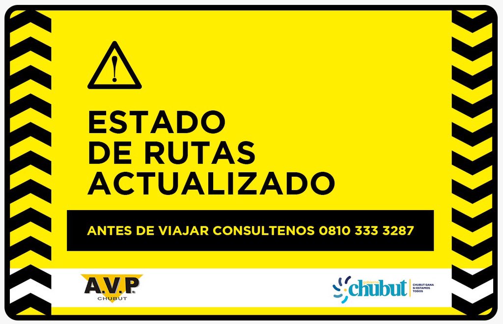 gobiernochubut's tweet photo. #EstadoRutas | Antes de viajar tomá las precauciones necesarias e informate👉 https://t.co/yM7XDKpIYX #ChubutGanaSiEstamosTodos https://t.co/o76T7efVef