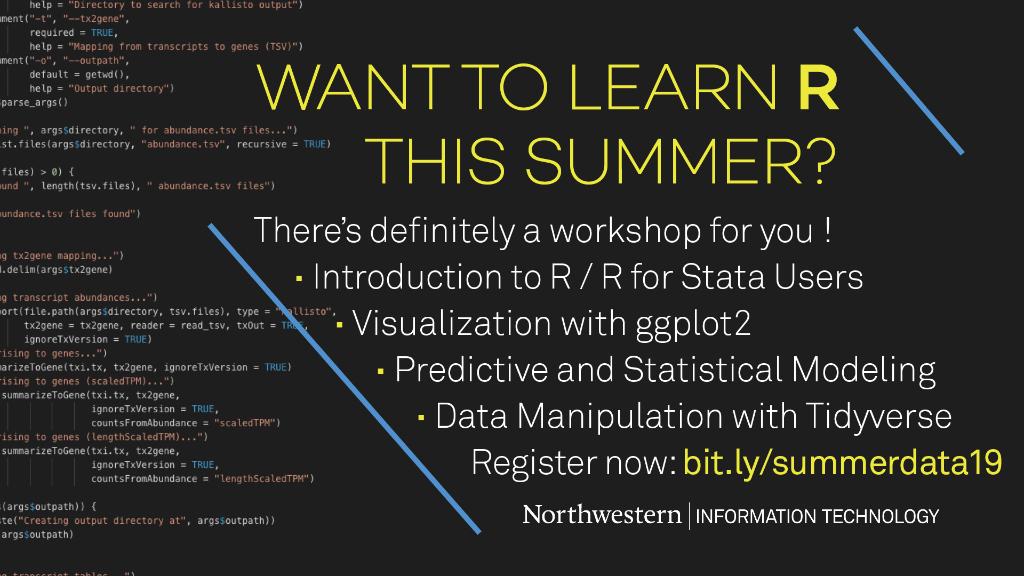 NUITResearch's tweet photo. If you do statistical analysis, data visualization, or data manipulation, R is a powerful tool used by academics and data scientists alike. We're offering a 3-day introductory workshop this week Tues, Thurs, and Fri. https://t.co/AjNILjJOJh #RCSummerWorkshops https://t.co/thz2mHihkl