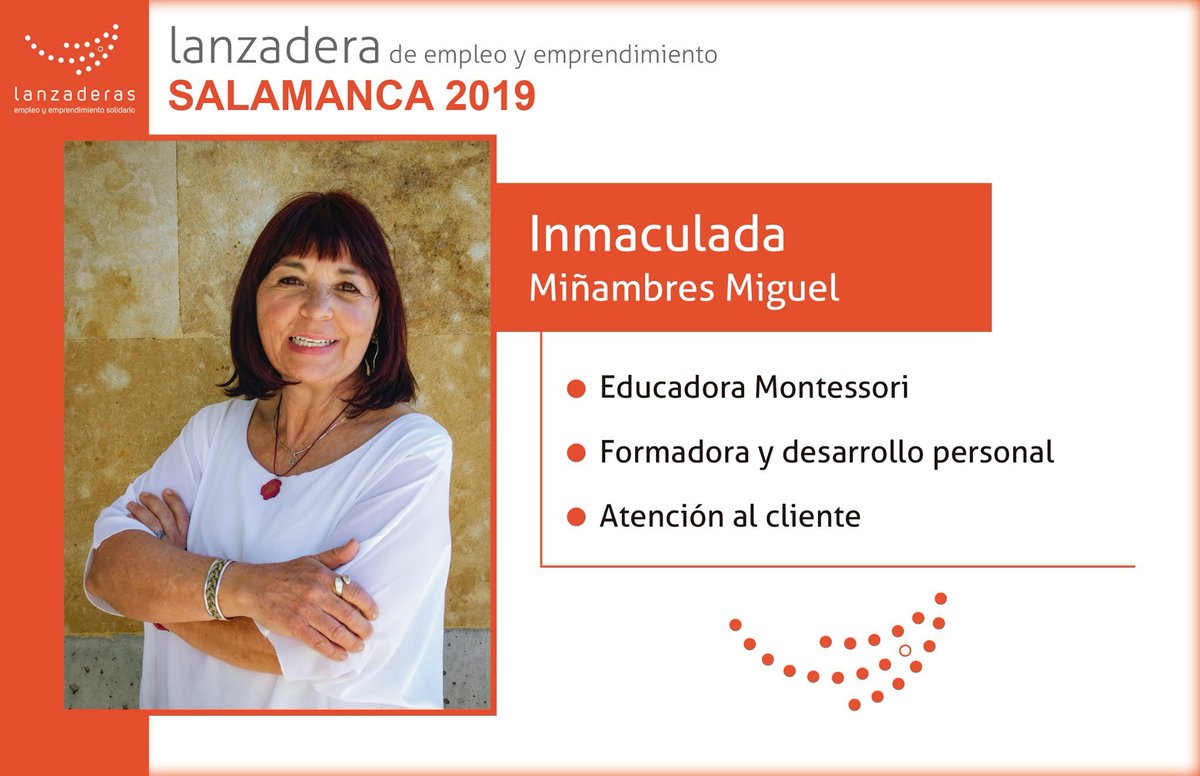 Hola! Soy Inmaculada, participante de la lanzadera Salamanca 2019. Mi lema es:

“La educación es el arma más poderosa para cambiar el mundo”

Podéis visitar mi perfil:
lanzaderasdeempleo.es/equipo-lanzade…

linkedin.com/in/inmaculada-…

@Lanzaderas_EES <a href="/FundacionSMLRPH/">Fundación Santa María la Real</a> <a href="/fundacionTef/">Fundación Telefónica</a> <a href="/EU_Social/">EU Social 🇪🇺</a>