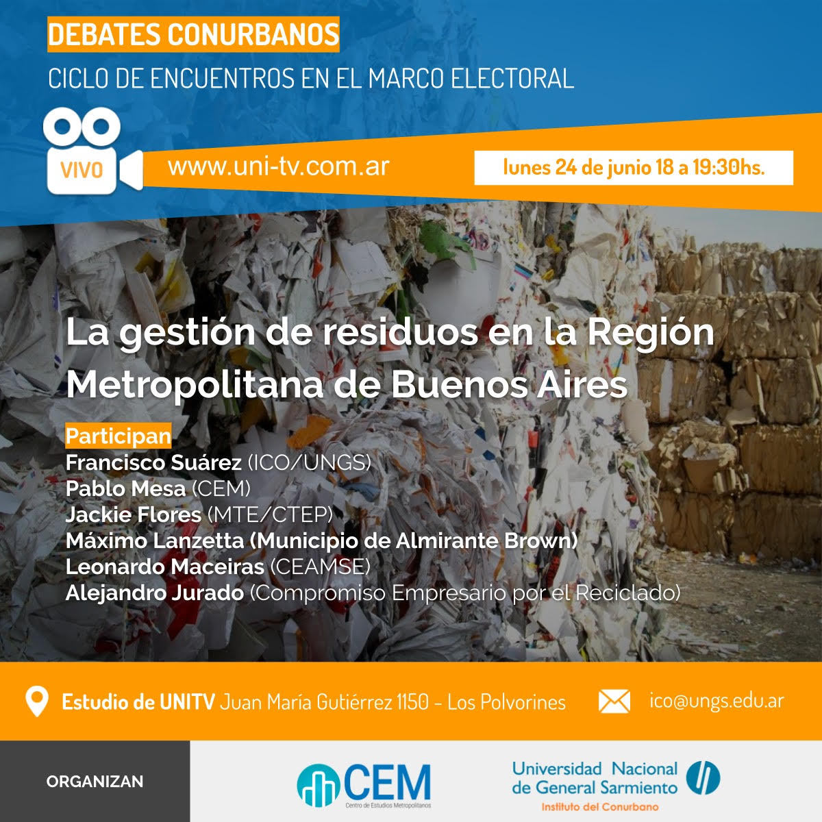ungsoficial's tweet image. Más
¡Hoy! #DebatesConurbanos “La gestión de los residuos en la RMBA” ♻️
🎙️ Pablo Mesa @EstudiosMet 
🎙️ @JackieFloresMTE 
🎙️ Leonardo Maceiras @CeamseOficial 
🎙️ Francisco Suárez @icoungs
🎙️ Alejandro Jurado #CEMPRE
A las 18, miralo en vivo en @unitvungs: bit.ly/2xczYka