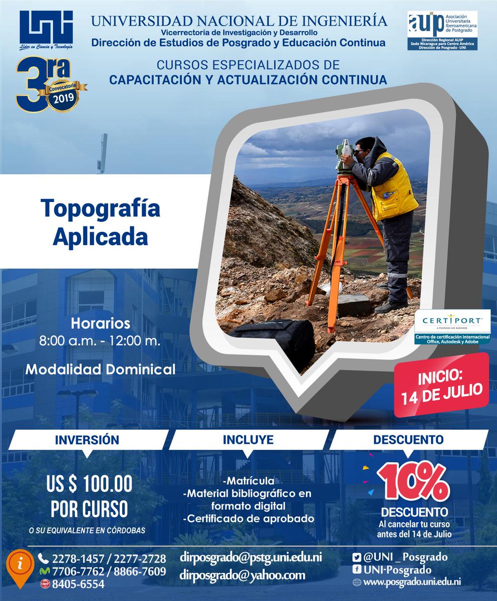 Uni_Posgrado's tweet image. Consulta  sobre nuestro #Curso en #Topografía #Aplicada.
+ Información: bit.ly/2x7TVbU
☎️2278-1457 / 2277-2728 📲 7706-7762/8405-6554
📧dirposgrado@pstg.uni.edu.ni / dirposgrado@yahoo.com