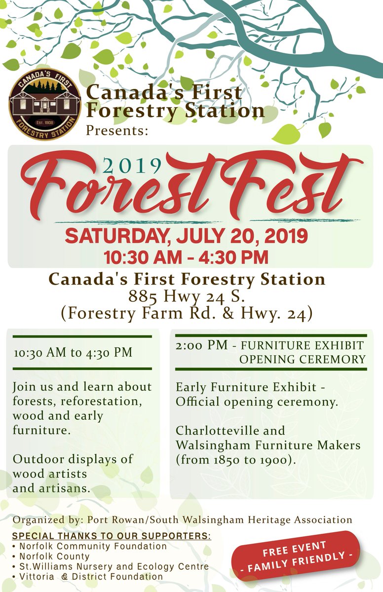 1st_forestry's tweet photo. FOREST FEST 2019 / Sat Jul 20 - 10:30 to 4:30pm
Join us for the official opening ceremony: Early Furniture Exhibit @1st_forestry.  It focuses on Charlotteville and Walsingham Furniture Makers (1850 to 1900)  Family friendly event: outdoor displays of wood artists, food &amp; drinks. https://t.co/1tb9u3zLr1