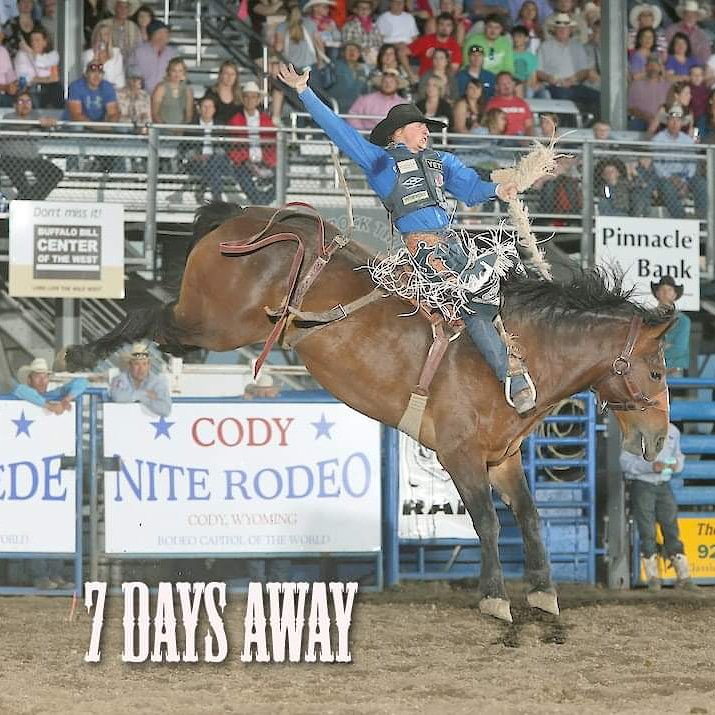 In one week the Cody Stampede will officially celebrate 100 years of rodeo. Last year, Rusty Wright won the saddle bronc riding title scoring 89 points on Frontier Rodeo Company's horse Maple Leaf. This awesome picture was taken by Bull Stock Media #CodyisRodeo