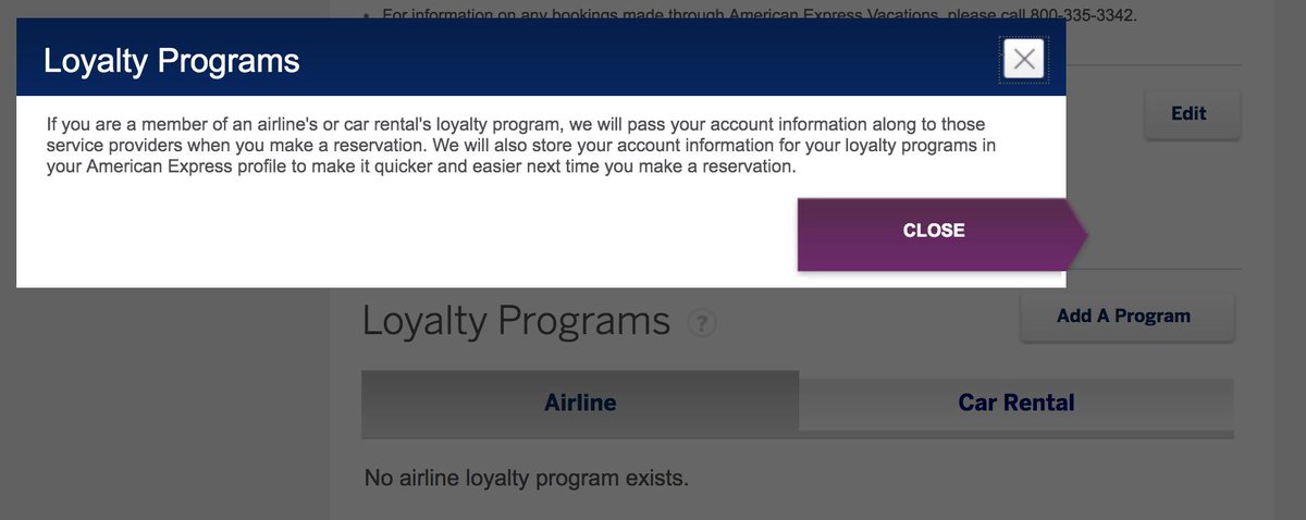 murphicus's tweet photo. @AskAmex just got off the phone w/a cust service rep b/c i was having trouble connecting my loyalty programs to my travel profile- was told AmEx doesn't support that/save that info in profiles- but it's on the page for me to edit &amp; gives me this pop-up. can you investigate? thx! https://t.co/dL8bHrGXox