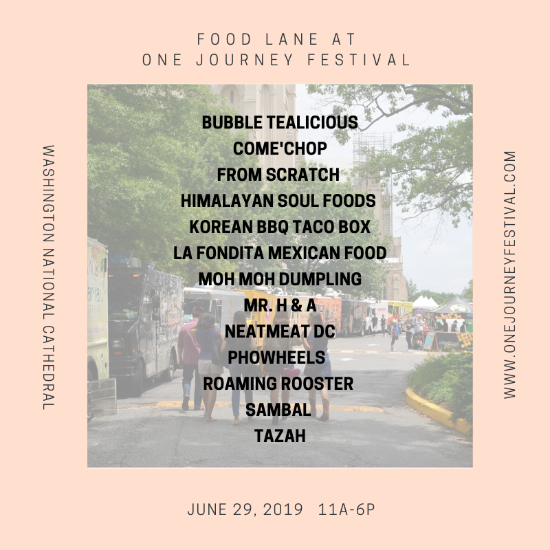 1journeyfest's tweet photo. Meet the #1Jfestival 2019 food lineup. 10% of all sales will be donated to One Journey in amplifying refugee voices &amp; stories @bubbleteaparty @fromscratchlc @HSoulfoods @PhoWheels @roamingrooster1 @sambaldc @dckbbqbox @neatmeatdc @tazahmobile @mohmohfoodtruck @comechopdc https://t.co/kAuDTQL65k