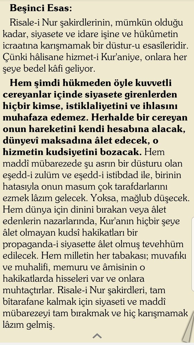 halislevent's tweet image. Bediüzzaman hazretlerinin talebelerine tavsiyesi:

"Risale-i Nur şakirdlerinin tarafsız kalmaları için siyaseti tamamen bırakmaları ve hiç karışmamaları lâzım!"
(Şuâlar, 362)