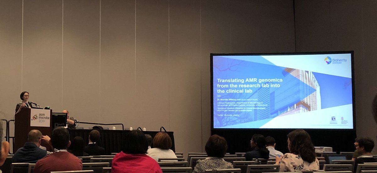 tstinear's tweet photo. #ASM2019 #ASMMicrobe2019 How do we embed genomics in clinical microbiology to combat #AntibioticResistance ?@norelle_sherry reminds us of genome power but also the hurdles for routine use. #beyondthehype https://t.co/CgFqJ2hL4F