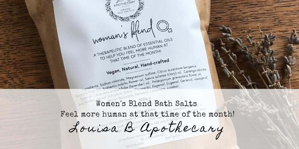 Womens Blend Bath Salts.  Perfect to ease your discomfort when you don't feel yourself.  a couple of handfuls in the bath, get in &amp; rest your body #periodpain #pms #aromatherapy #WorldWellBeingWeek 
 bit.ly/LouisaBWomensB…