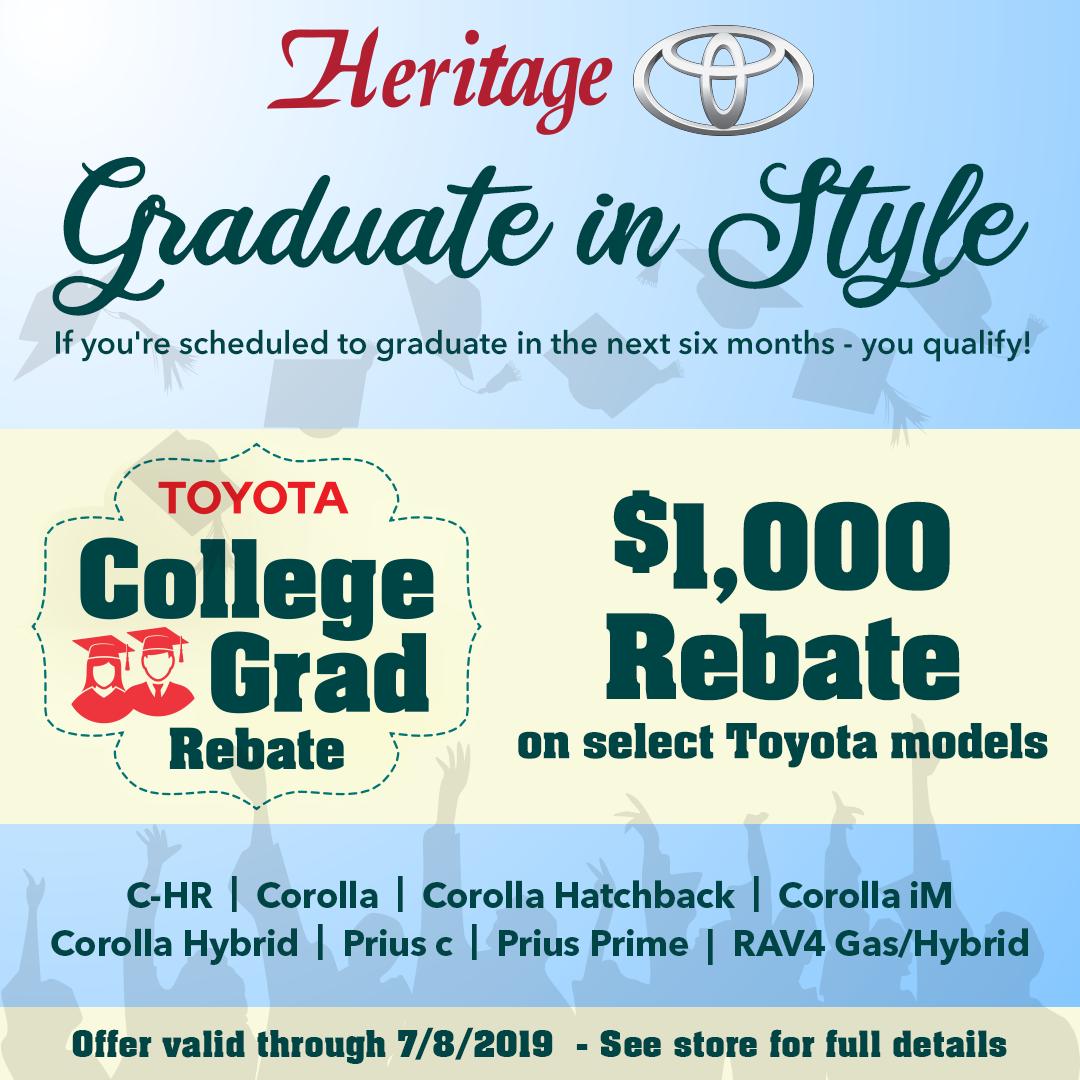 HeritageToyota's tweet photo. If you are expected to graduate in the next 6 months or have graduated in the past 2 years, check out our College Grad rebate program and save big on your next vehicle! 
Learn More: https://t.co/3Nb2icqCJE
#uvm #smcvt #campchamp https://t.co/Ehcm9hCCkG