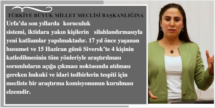 AyseSurucuUrfa's tweet photo. 15 Haziranda Siverek’te iki aile arasındaki arazi kavgasında 4 kişinin katledilip 2 kişinin kazayla yaşamını yitirdiği,  yaşanan katliamın araştırılıp açığa çıkması için TBMM Başkanlığına Meclis Araştırma Komisyonunun kurulmasını arz ettik! https://t.co/ATcnA3wgGZ https://t.co/OmZmEG8ycD