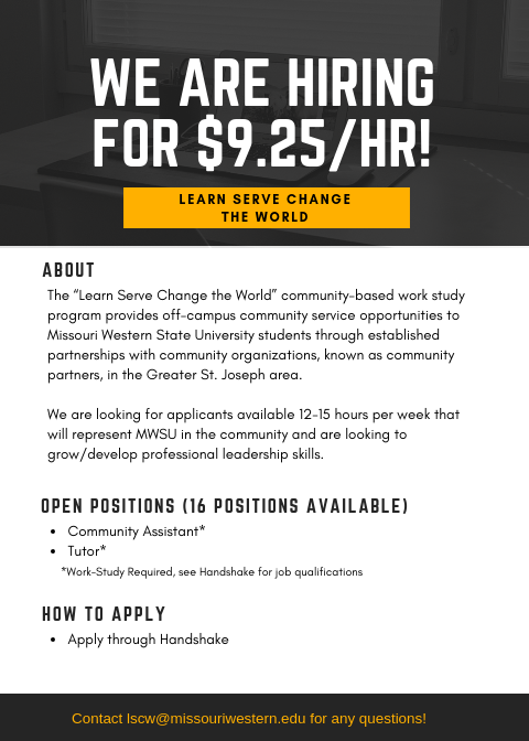 MWSUCareer's tweet photo. Looking to grow as a leader in the St. Joseph community? Apply on Handshake today to be apart of the Learn Serve Change the World Program for the 2019-2020 academic year! #MWSUStudentEmployment #EarnLearnConnect https://t.co/cWXOrK4xnB
