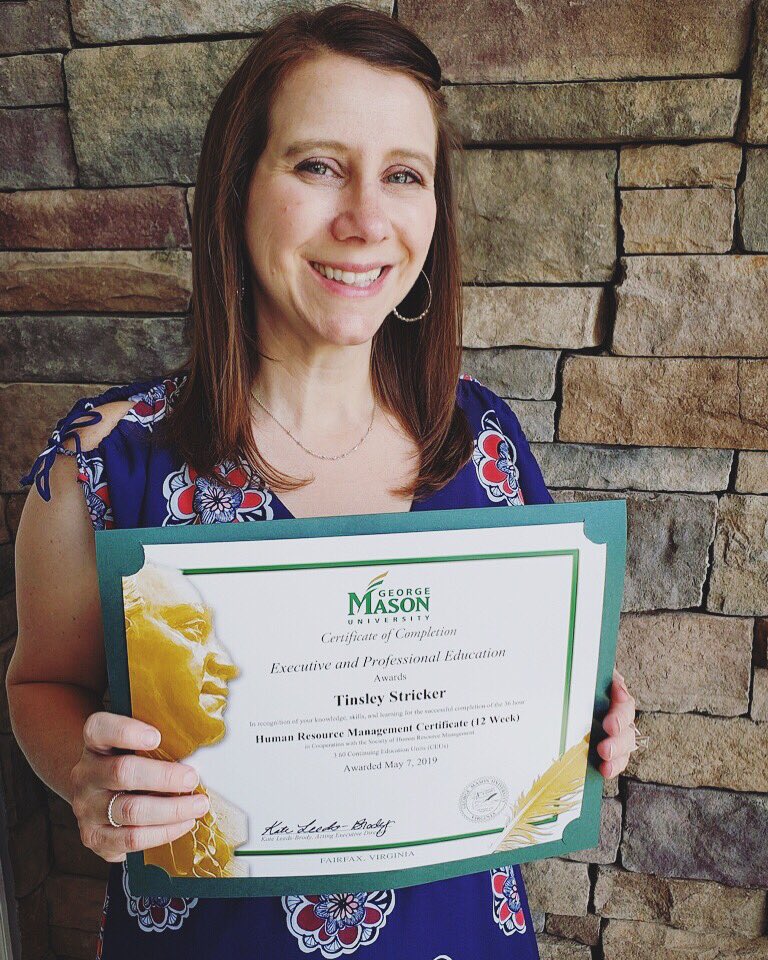 WorldgateTweet's tweet photo. #wevalueouremployees! Congratulations @tinsleystricker on completing your @georgemasonu cert. program in Human Resource Management. Our employees flourish because of your efforts and desire to remain current and relevant in their work experience. #kudos! #training #growthmindset https://t.co/FpWhq6spDd