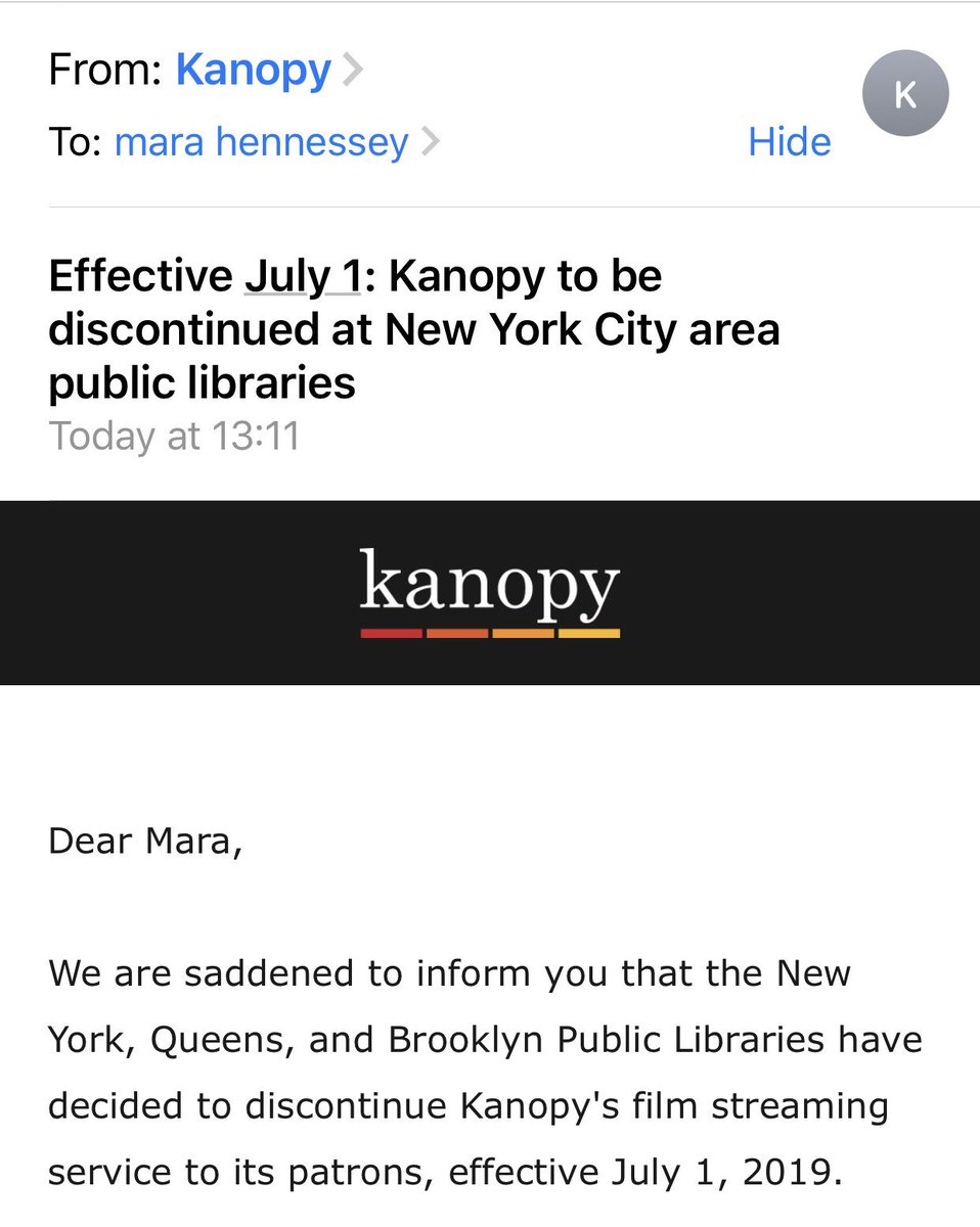 MaraHennessey's tweet photo. I am heartbroken to hear that @Kanopy has broken up with @nypl 💔
No more FREE  #LinaWertmuller no more #ettorescola #criterioncollection #TheBeach #Iamnotyournegro  #agnesvarda #derekjarman 
Thanks for helping us get through this nyc winter, once again  @nypl  #savenyclibraries https://t.co/TilKVkEc49