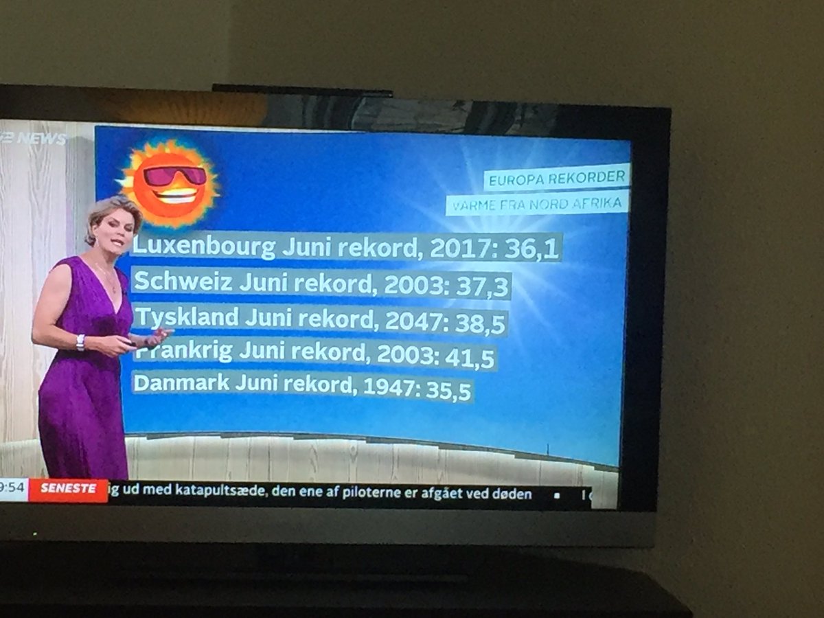 Pressedame's tweet photo. Hvad skal man med 7-døgnsprognoser, når @tv2newsdk  kan forudsige temperaturrekord i 2047 😱 @tv2vejrcenter 😉 https://t.co/Q1MiCsRH4B