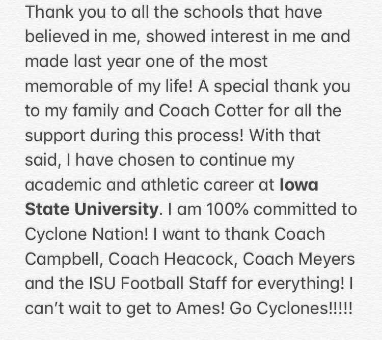 Sam_Rengert's tweet photo. COMMITTED!!! 🌪@ISUMattCampbell  @Coach__Myers @Coach_Heacock @CycloneFB https://t.co/chP2IJ1Ulz