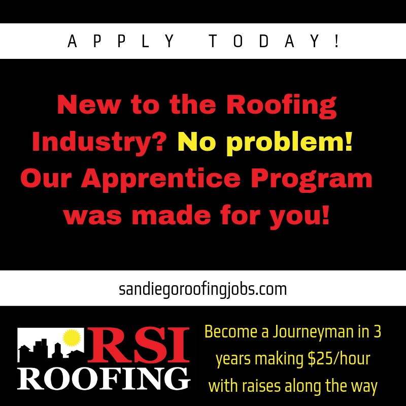 thinkrsi's tweet photo. Our apprentice program takes those who are new to the roofing industry and in 3 years, turns them into a journeyman. Interested? Submit an application today at >>> https://t.co/ipIvOWTWqF 

#RSIRoofing #SanDiegoRoofingJobs #RoofersWanted #ApprenticeProgram #Hiring #HelpWanted https://t.co/cRJ0PIJTAf