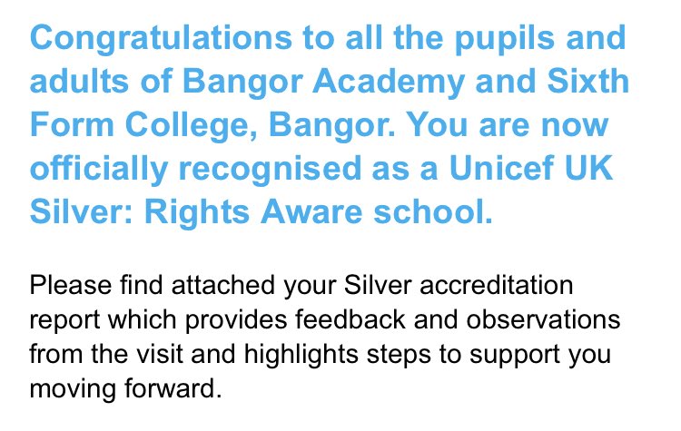 BangorPrincipal's tweet photo. Official confirmation of our Shared Education RRS Silver Award ⁦@Bangor_Academy⁩ ⁦@StColumbanusCol⁩ ⁦@BangorGrammar⁩ https://t.co/BxQIUfas3A